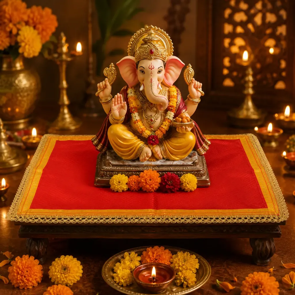 Premium Ganpati Aasan 18x18 Inch with Golden Lace Border (Orange)