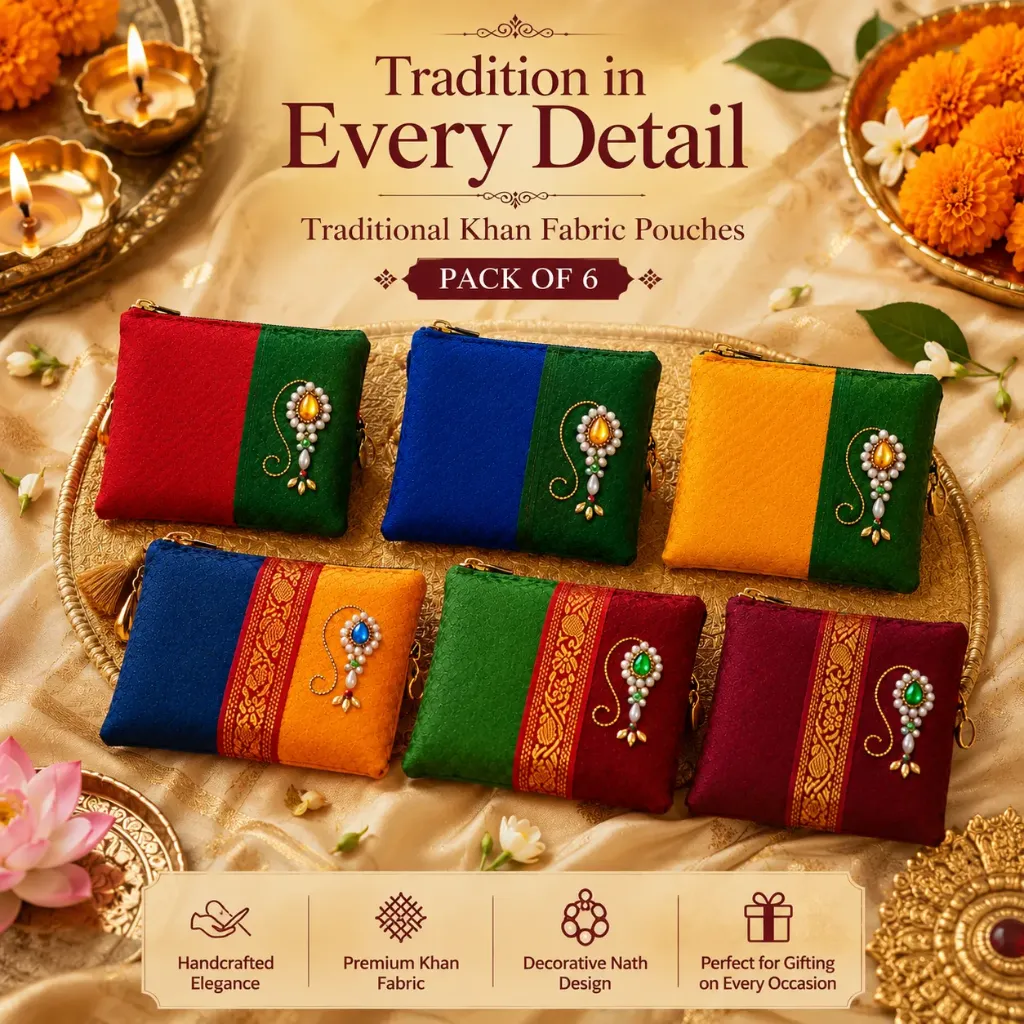 Traditional Khan Fabric Nath Design Pouches – Pack of 6