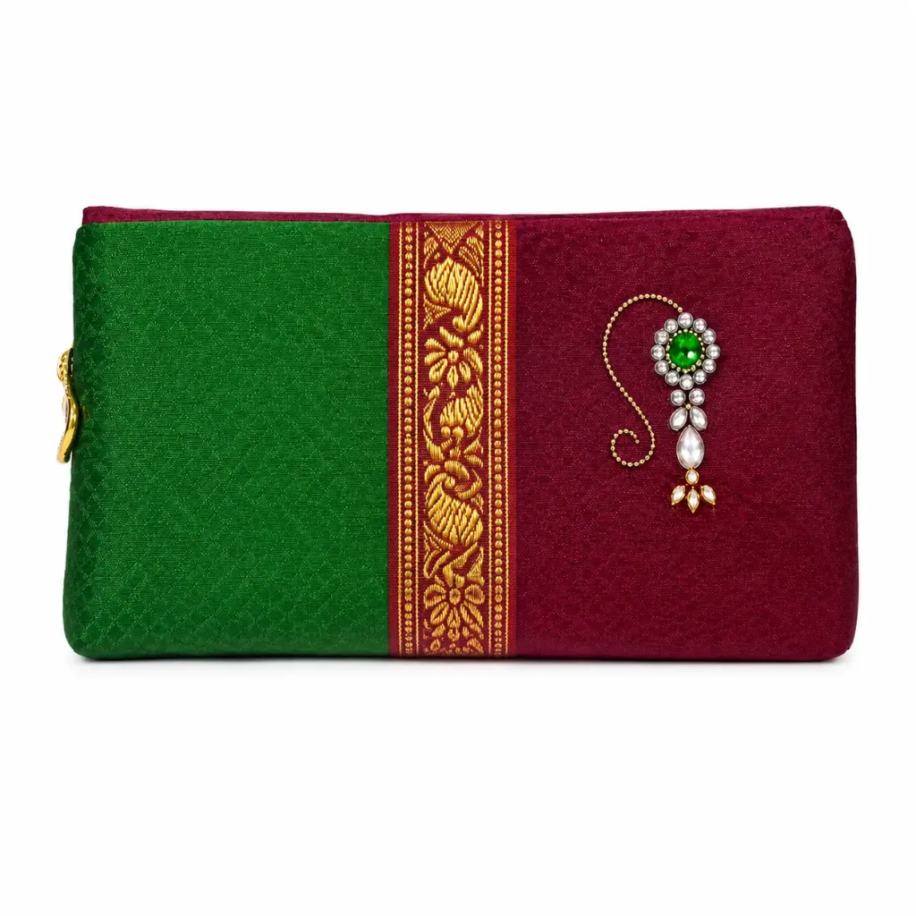 Traditional Khan Fabric Nath Design Zipper Pouch - 6 Colors (Green and Red)