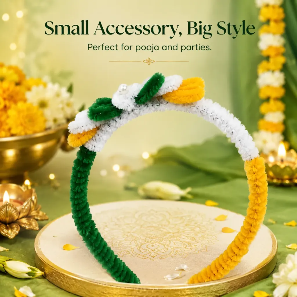 Handmade Festive Floral Hair Band – Green, Yellow & White